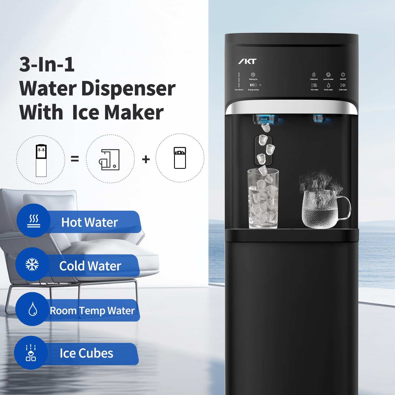 3-in-1 Water Dispenser with Ice Maker features