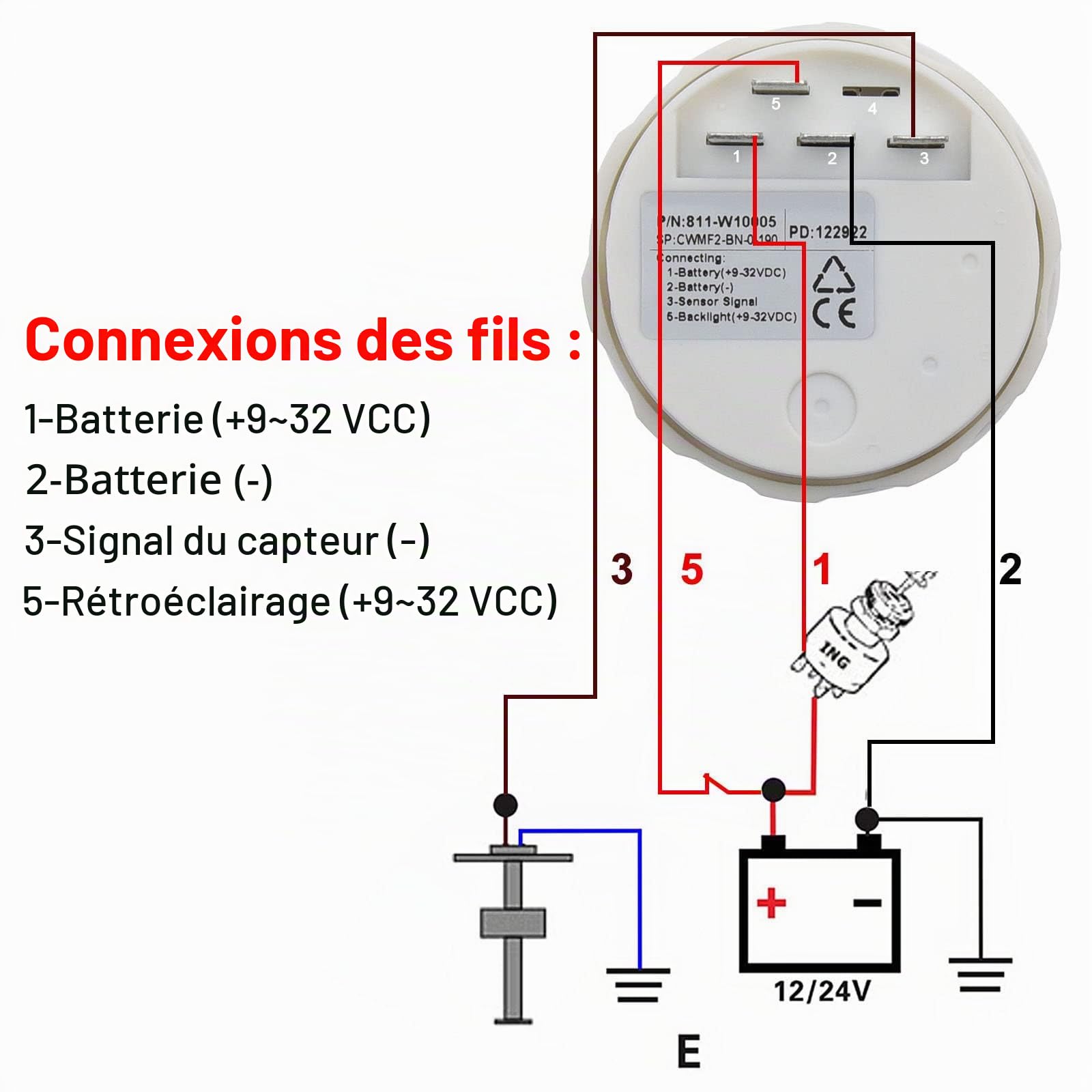 Geloo Jauge de Niveau de Carburant, 52 mm 0~190 ohm Jauge de Niveau d'huile avec Rétroéclairage LED Indicateur de Réservoir de Carburant E-1/2-F Pointeur pour Voiture, Bateau, RV, Camion