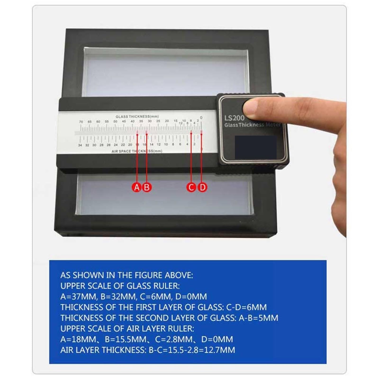 Misuratore di spessore del vetro digitale LS201, misuratore for isolante laminato temperato cavo IG con doppio LS200 per la fabbrica(LS201)