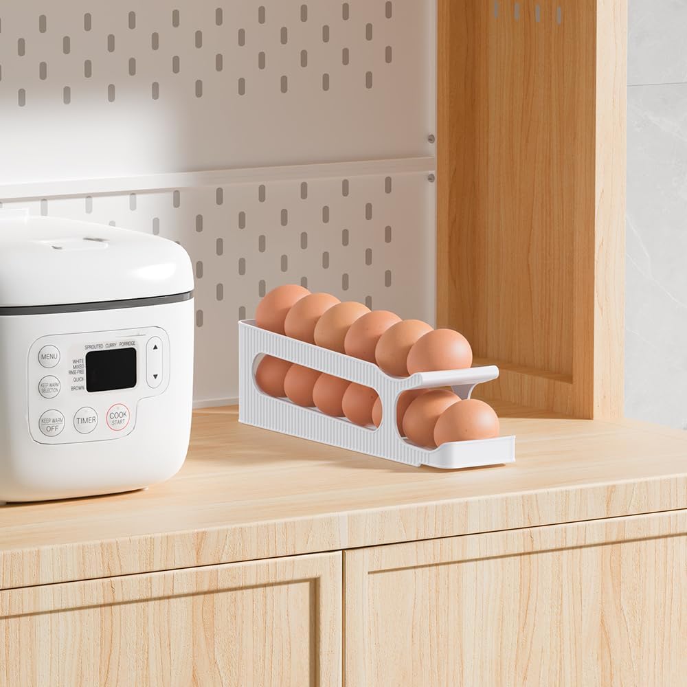 Egg Holder for Fridge, Auto Rolling Egg Roller/Dispenser/Organizer/Storage/Container for Refrigerator, Countertop, Kitchen, Space-saving Egg Tray for 12 Eggs, 2 Tiers, 1 Pack
