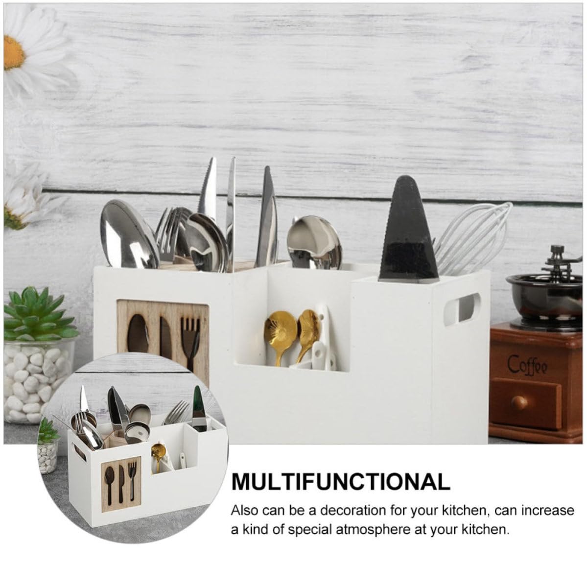 Angoily Boîte de Rangement pour Ustensiles Cuisine en Bois Blanc, Résistante aux Rayures, pour Organiser Couverts et Garder Ustensiles Accessibles Cuisine