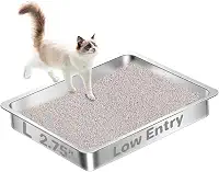 Amibud Caixa de areia de aço inoxidável para gatos de baixa entrada para gatos idosos, caixa de areia rasa de metal, bandeja de areia de fácil acesso, acessórios de banheiro para animais de estimação