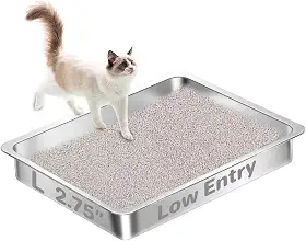 Amibud Caixa de areia de aço inoxidável para gatos de baixa entrada para gatos idosos, caixa de areia rasa de metal, bandeja de areia de fácil acesso, acessórios de banheiro para animais de estimação