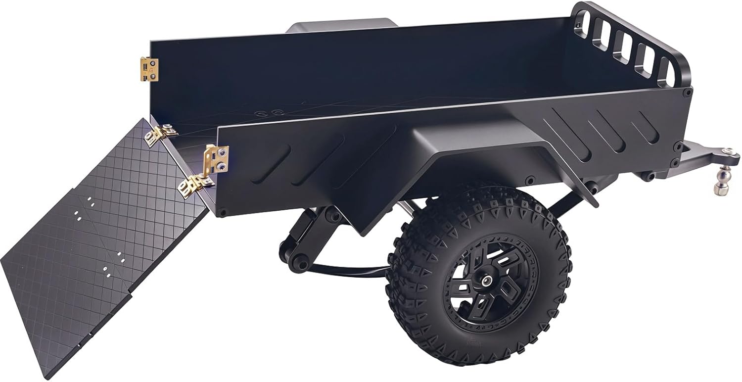 CNC Aluminum Utility Trailer for 1/18 RC Crawler, Small Scale Hauling Trailer with Fold-Down Tailgate Ramp, 1.0in Wheels, Fully Assembled (Black)