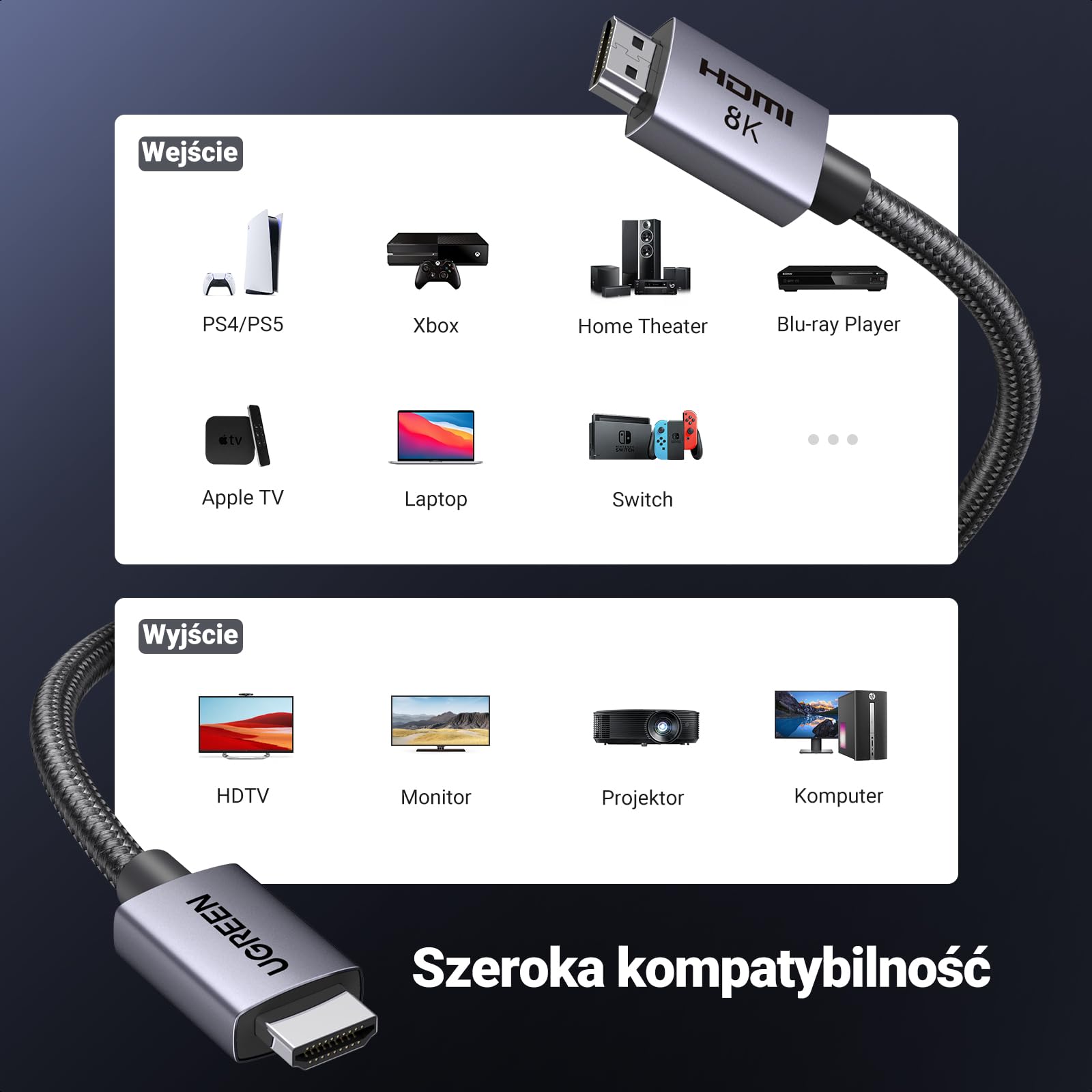UGREEN Kabel HDMI 2.1 8K 60Hz 4K 240Hz 165Hz 144Hz 120Hz 48Gbit/s High Speed, Kabel HDMI 2.1 Ultra HD eARC HDR 10+ HDCP Dolby Vision VRR Kompatybilny z TV/PS5/PS4/ Xbox Series X/Monitor/Laptop (1M)