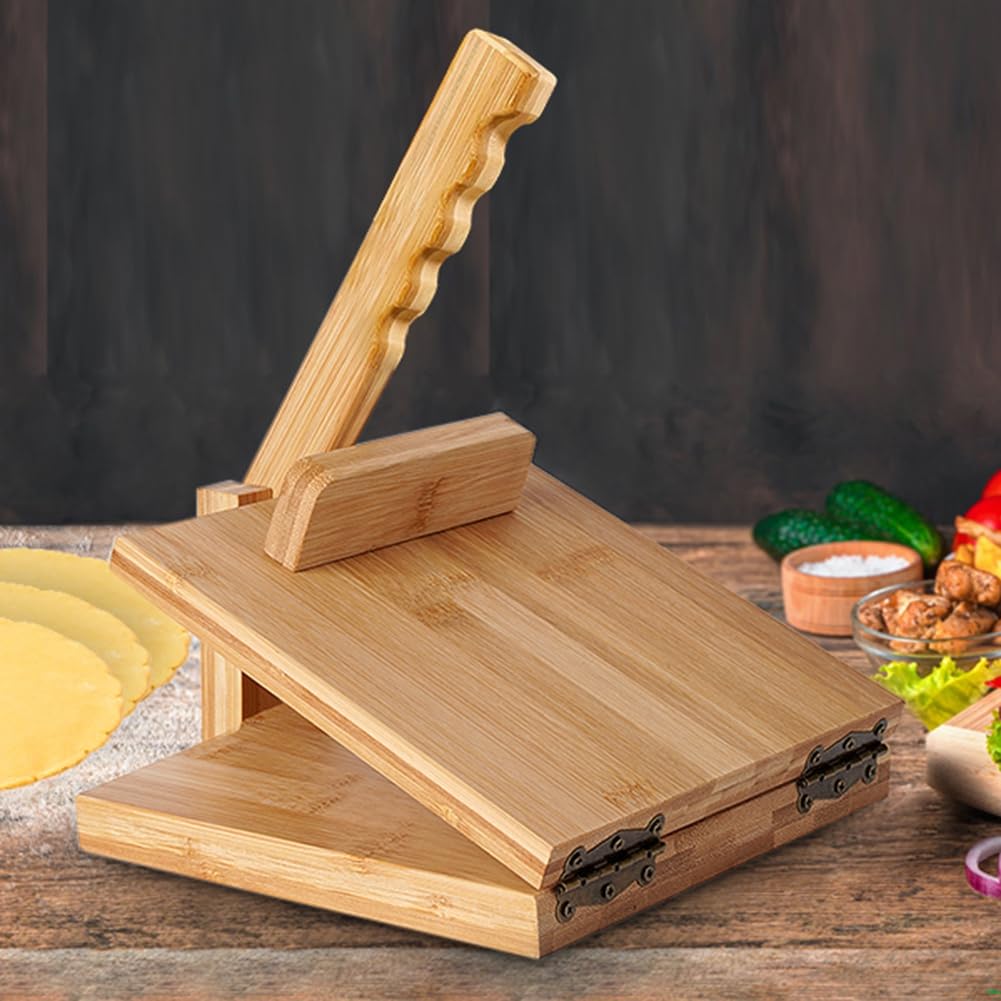 SweetSerenade Presse à tortilla de 25,4 cm avec rouleau à pâtisserie, grand moule à tortilla en bois de bambou avec 50 pièces de papier sulfurisé