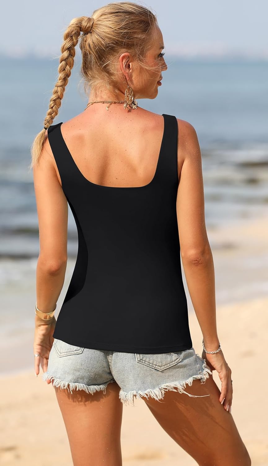 Sherosa レディース スクエアネック ダブルラインタンクトップ シームレス ベーシック ノースリーブ フィット お出かけ タン