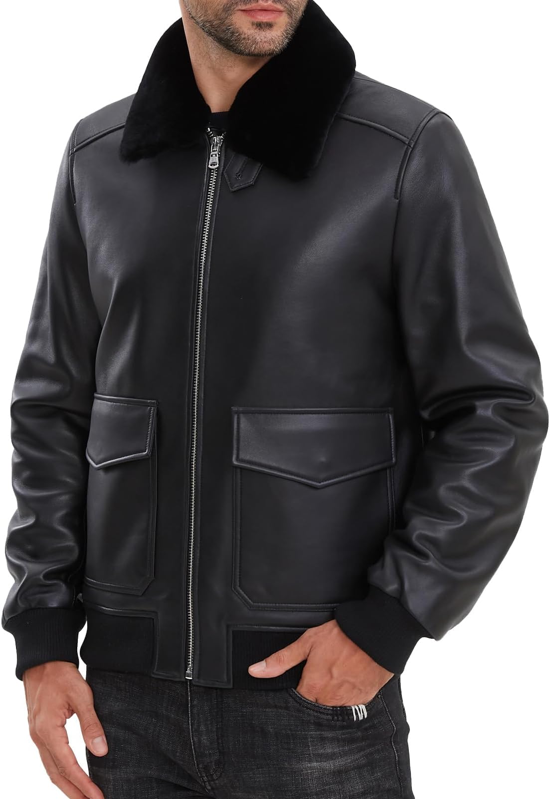 Leather Jacket Men,Lambskin Bomber Jacket with Removable Real Fur Collar,Front Zip Closure, Multiple Pockets