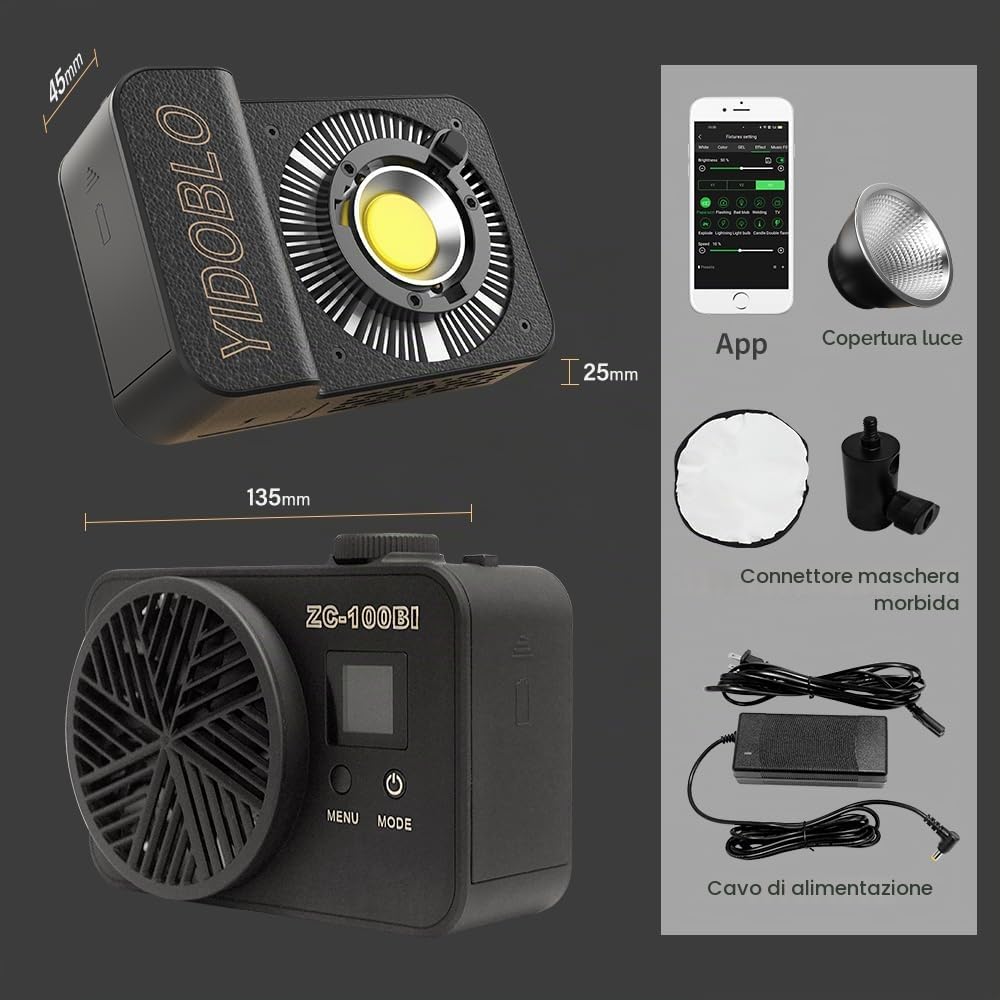 Luce video COB da 100W con attacco Bowens e impugnatura portatile, illuminazione bicolore 10000Lux/m 2700K-7500K con 10 simulazioni di scenari, con controllo a pannello e controllo APP