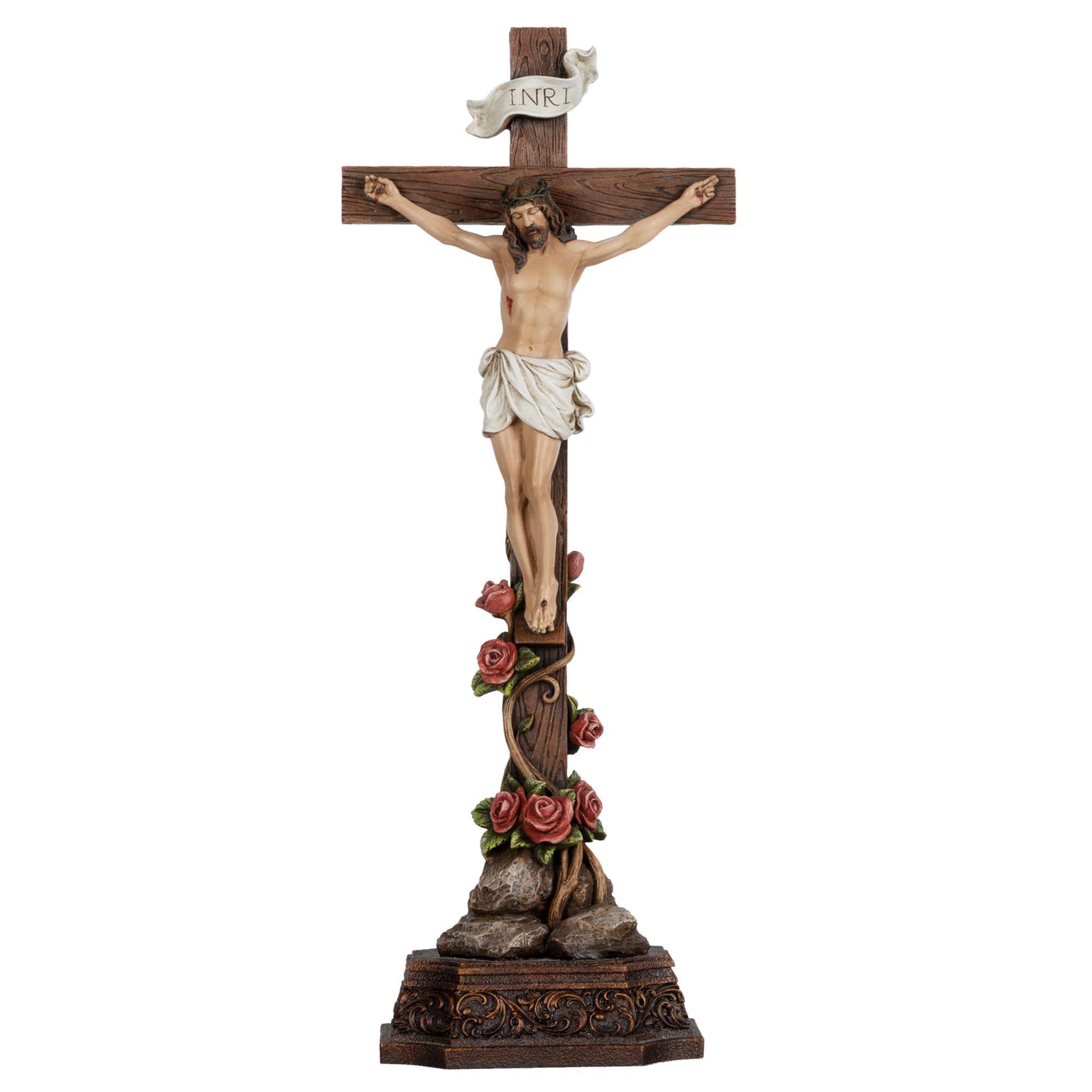 Grace4Joy Stehendes Kruzifix, katholisch, 36,7 cm, Kreuz: Jesus Christus, Tischstehendes Kreuz mit Rosenverzierung, handbemalt, Heim-Altar-Dekor