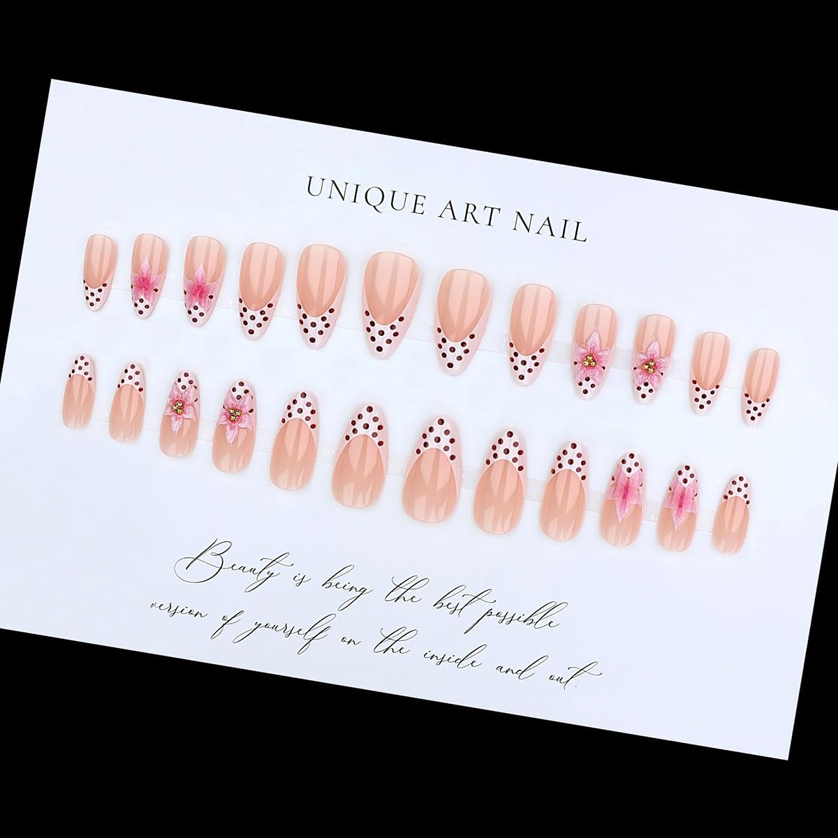 French Tip Almond Press On Nails With 3d Gild Cross Charms Kit_voghion.com