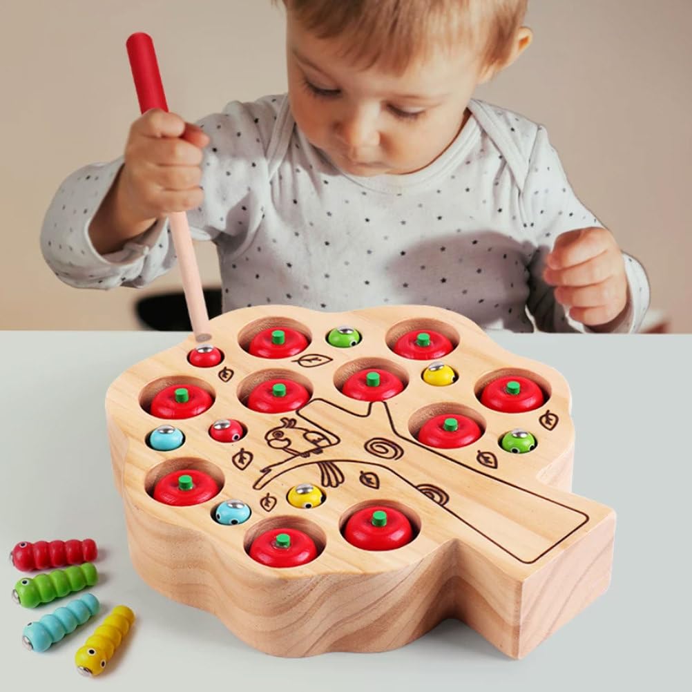 Montessori Holzmagnetspiel Apfelbaum Fängt den Wurm | Kleinkind-Feinmotorik-Trainingsspielzeug mit Zange und Magnetstab, 1-10 Zahlenzähl- und Zuordnungsspielzeug