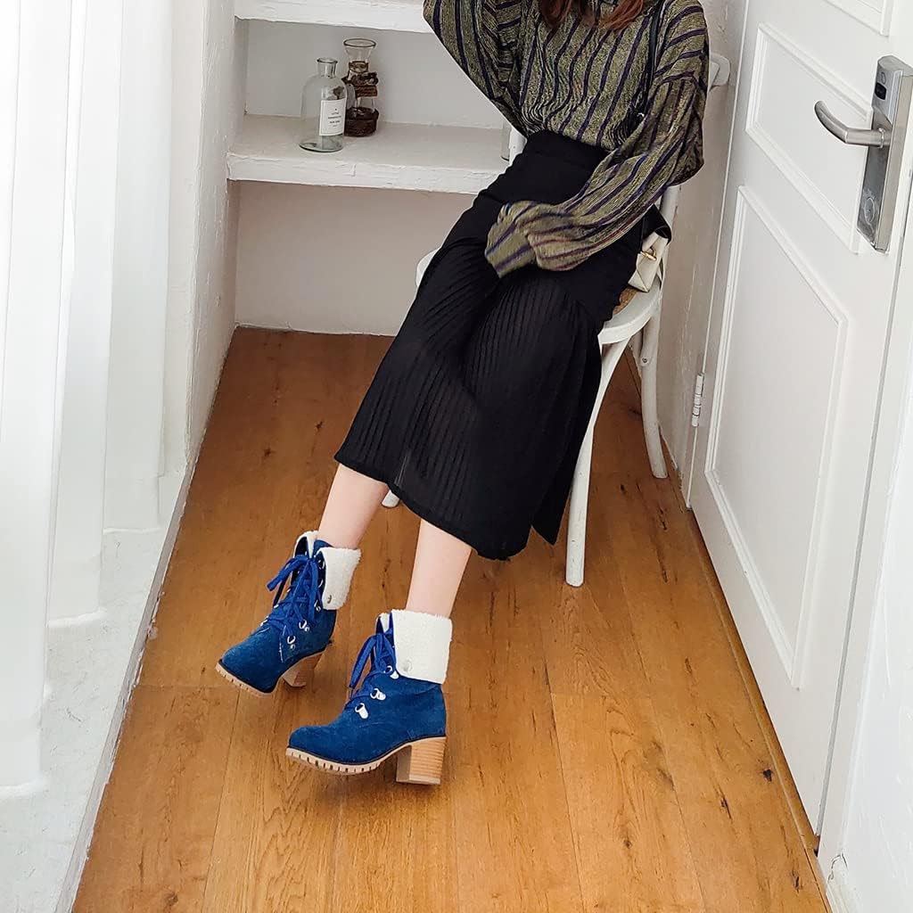 MIOKE Women's Round Toe Dressy Ankle Boots Suede Lace Up Platform Chunky Mid Heel Winter Fur Short Booties