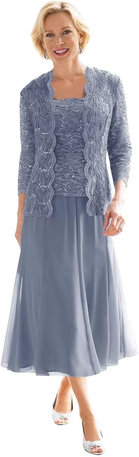 Tea Length Mother of The Bride Dresses with Jacket Chiffon Lace Formal Evening Dress for Wedding