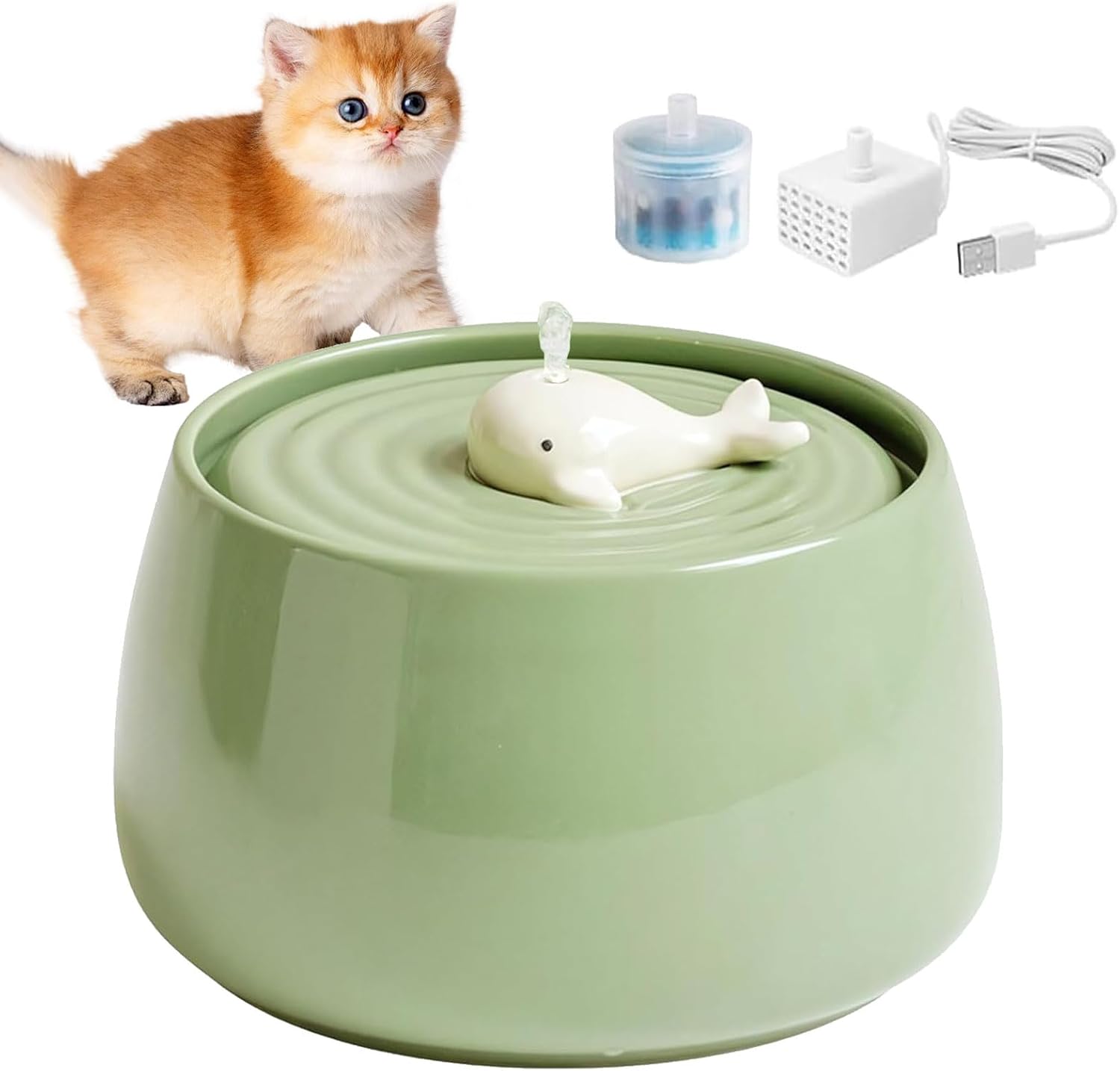 Fuente de Agua Automática para Gatos de Cerámica, 1.3L, Verde