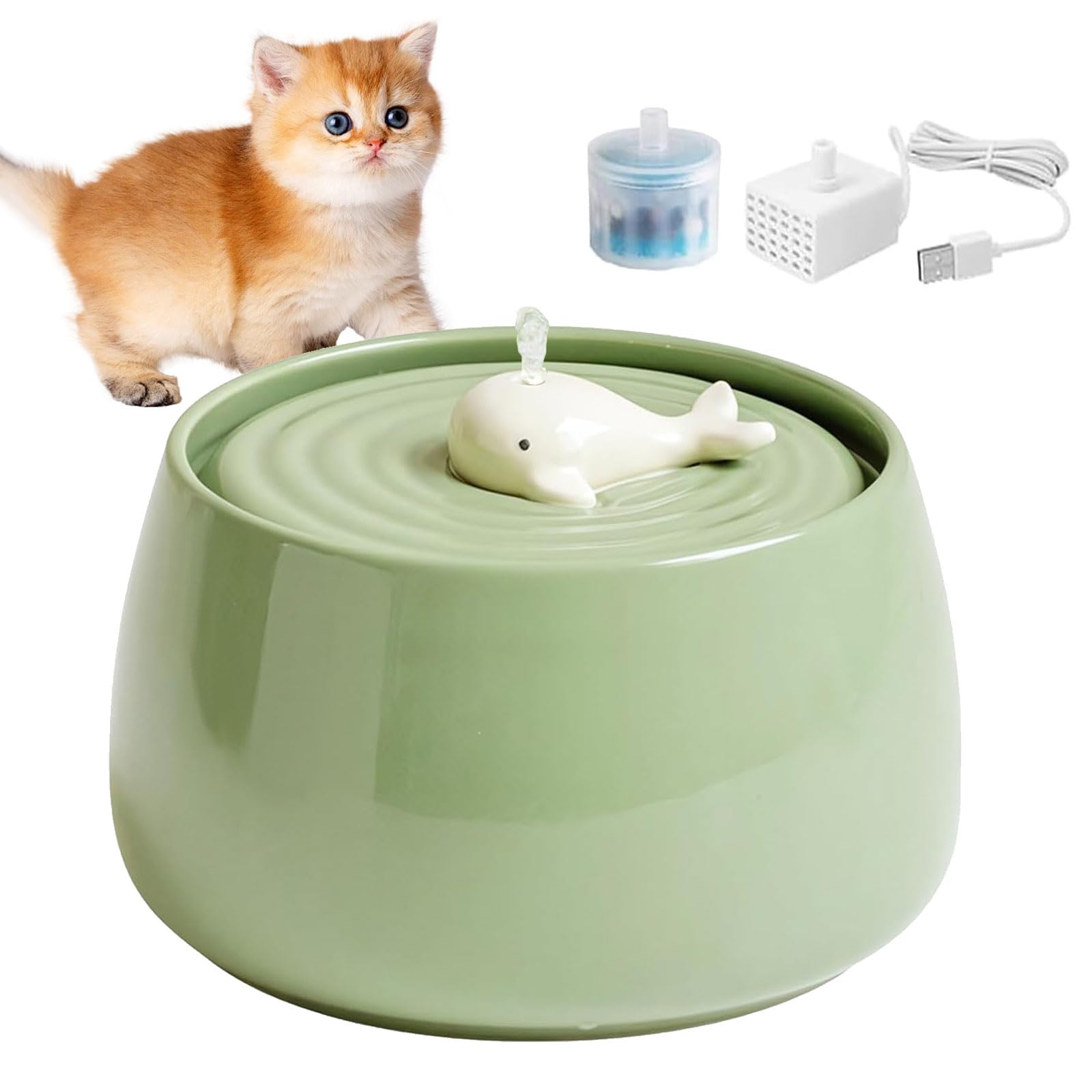 Fuente de agua de cerámica para gatos, 1.3L/45 onzas, cuencos de alimentación y bebida para mascotas, fuentes automáticas para gatos, cuenco ultra silencioso para gatos y perros, dispensador de agua
