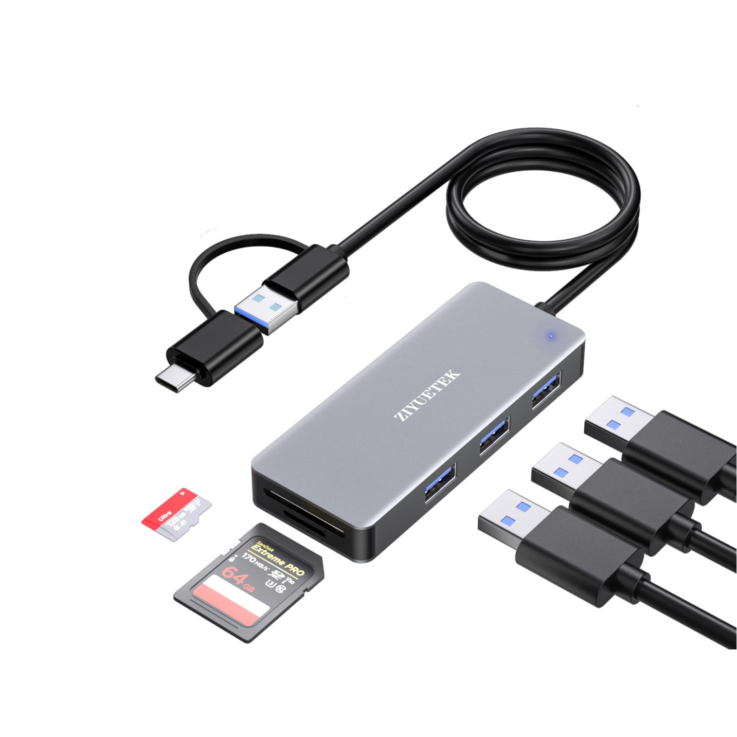 ZIYUETEKUSB 3.0 Hub with USB C Adapter, Aluminum USB C Hub USB Splitter USB Extender for Laptop, Xbox, Flash Drive, HDD, Console, Printer, Camera, Keyboard, Mouse, SD, Micro SD Card