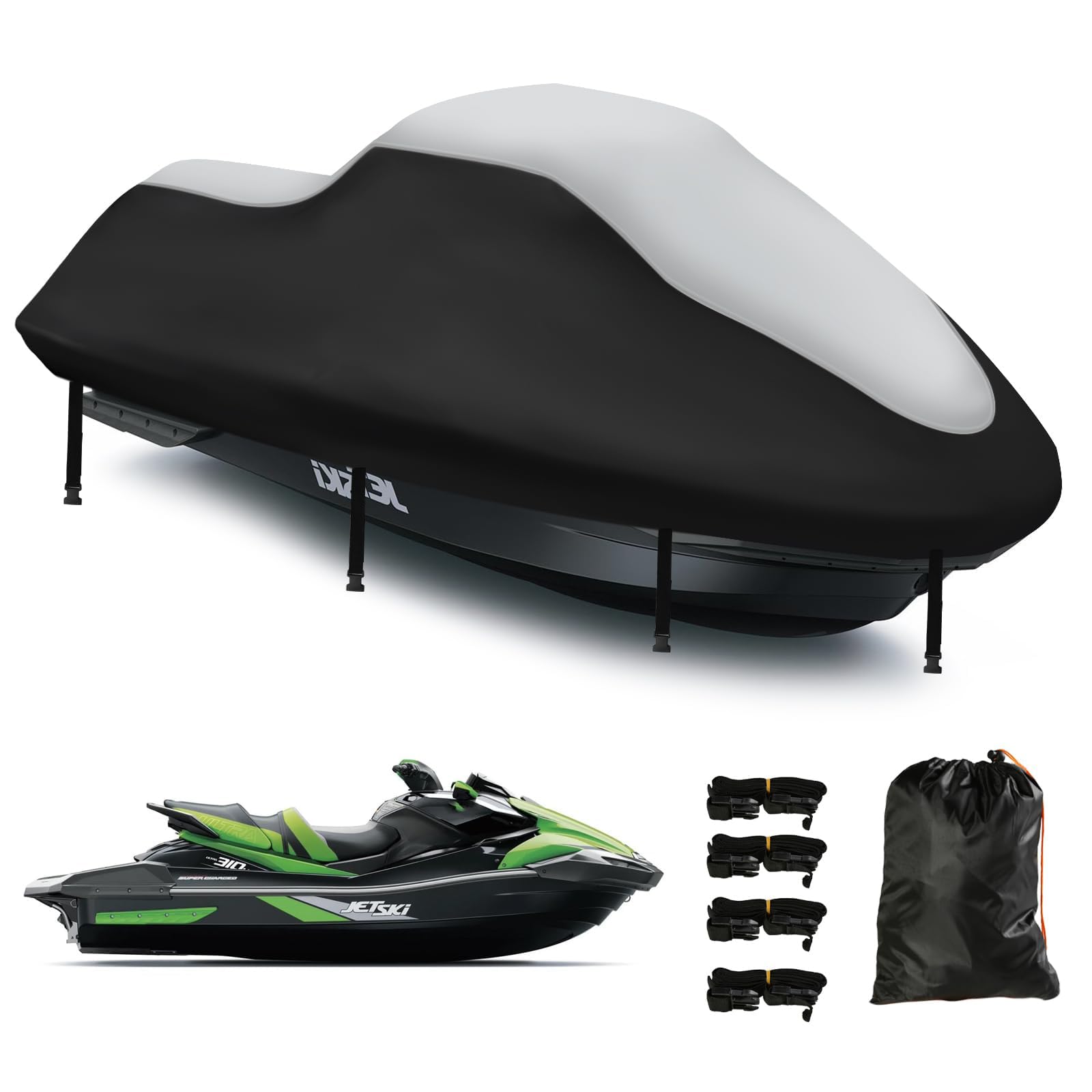 3-Sitzer Jetski Abdeckungen,420D Nano Beschichtung Jetski Abdeckung,2 Belüftungsöffnungen,Wasserdicht, Staubdicht,UV-beständig,für den Außenbereich(von Motorbootlänge 291-318CM Silber Schwarz)
