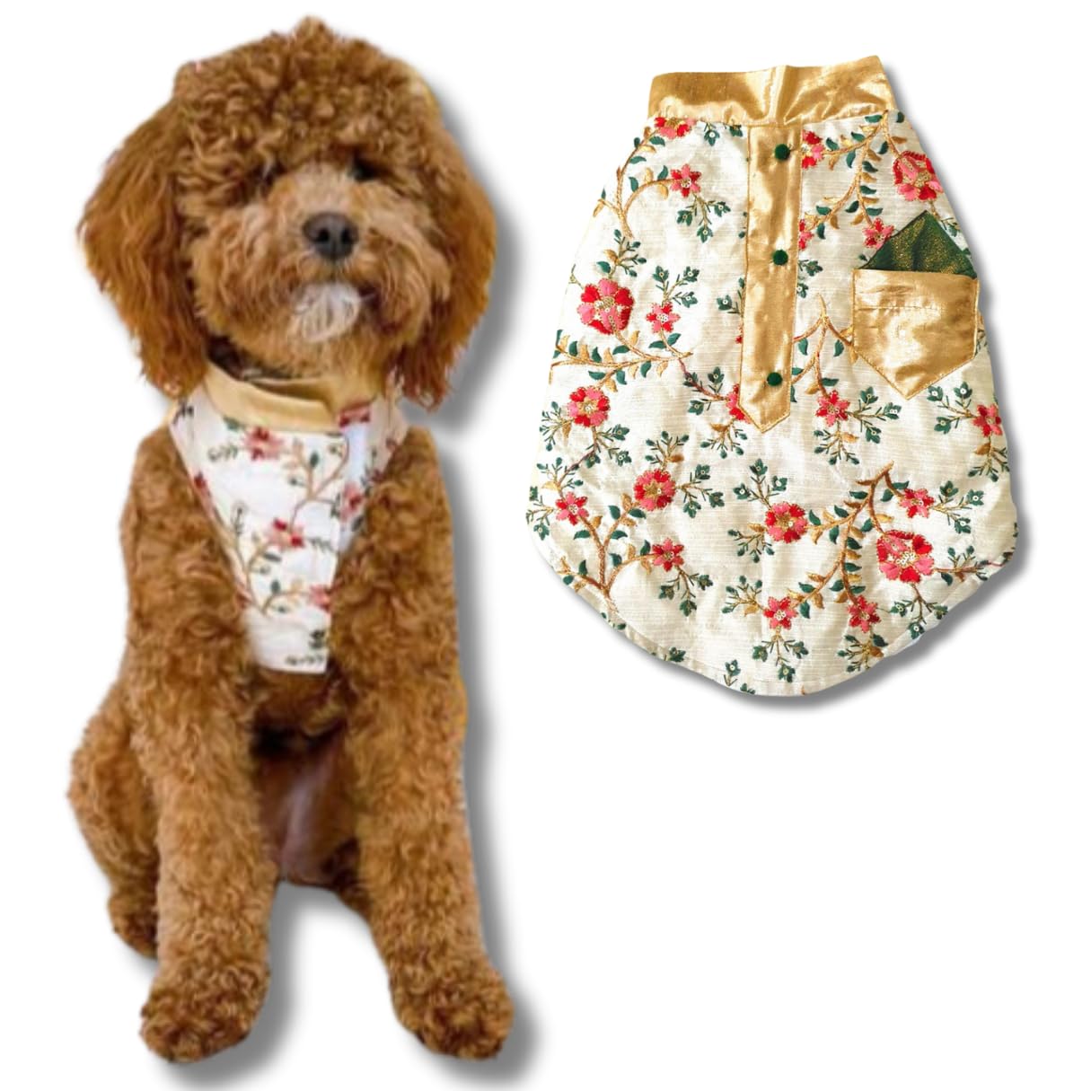Kitty & The Woof Gang Off White Gold Neck Sherwani with Floral Embroidery. Gold Collar and Pocket. Party Dress, Winter wear for Dogs, Cats and Puppies - S -12 Inch (B08FBK1TB9) Amazon Price History, Amazon Price Tracker