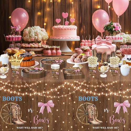 Image of Boots or Bows Gender Reveal Decorations Tablecloth, 3 Pack Disposable Cowboy Boots Pink Bows Boy or Girl Gender Reveal Party Supplies Tablecover for Baby Shower, 86in x 55in