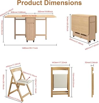 Extendable Folding Dining Table Set, Solid Wood Drop Leaf Table 4 Chairs