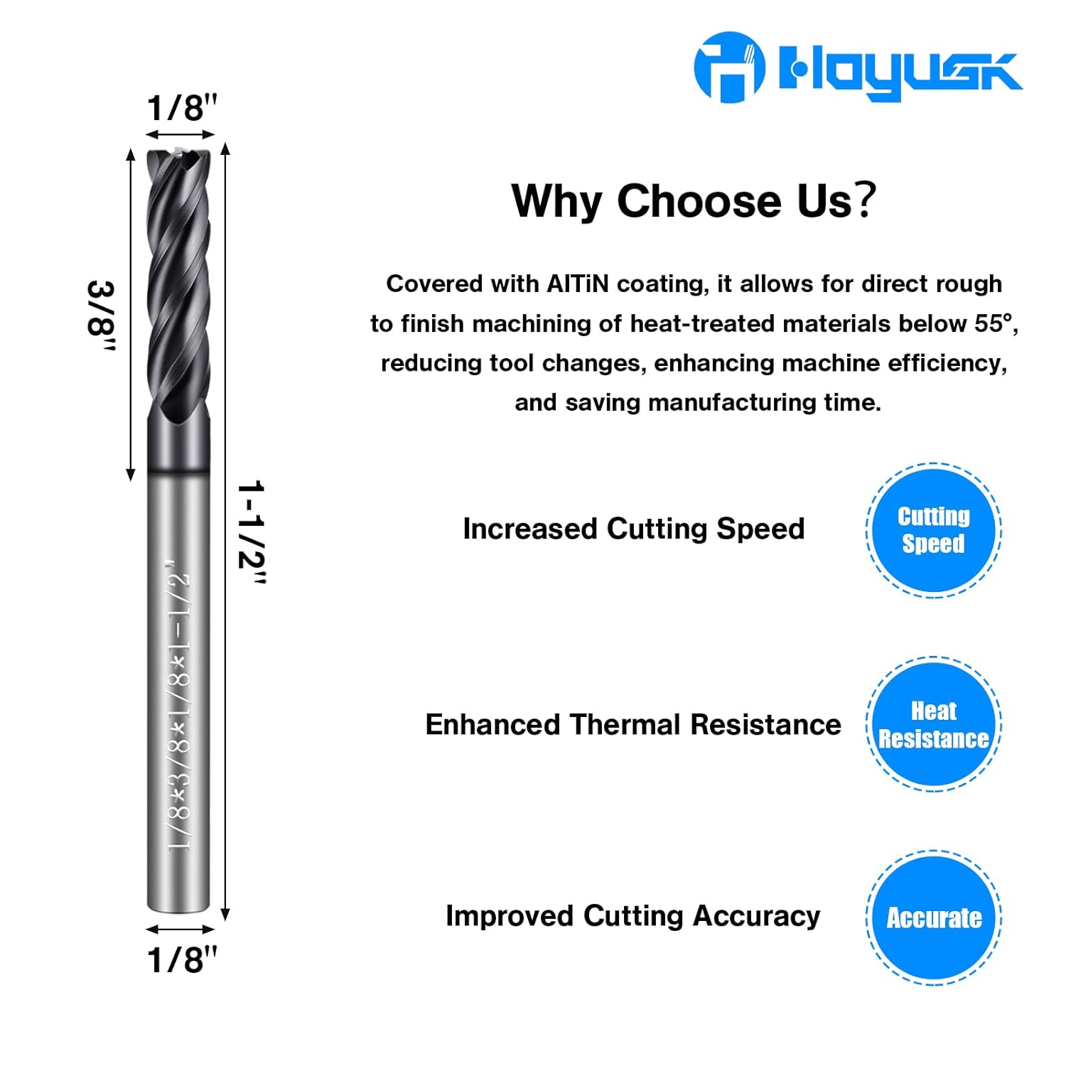 Micrograin Carbide Square End Mill - 4 Flute, 4T Design (5pcs, 1/8") for Alloy Steels, Hardened Steel, Metal, and Multipurpose Milling - Precision Tool Kit for DIY and Professional Use