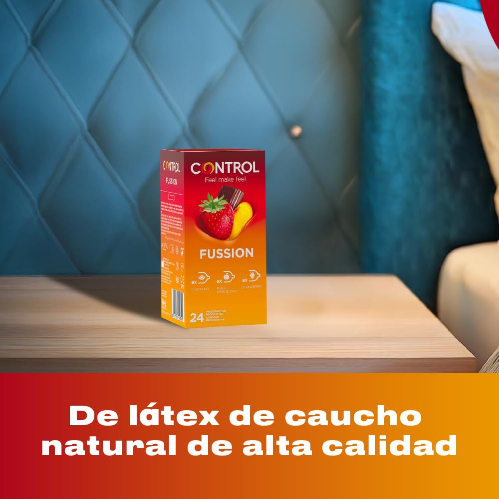 Control Preservativos Fussion, Caja 24 Condones Sabores Variados, Chocolate, Melocotón y Menta, Lubricados, Ajuste Óptimo para una Relación Segura