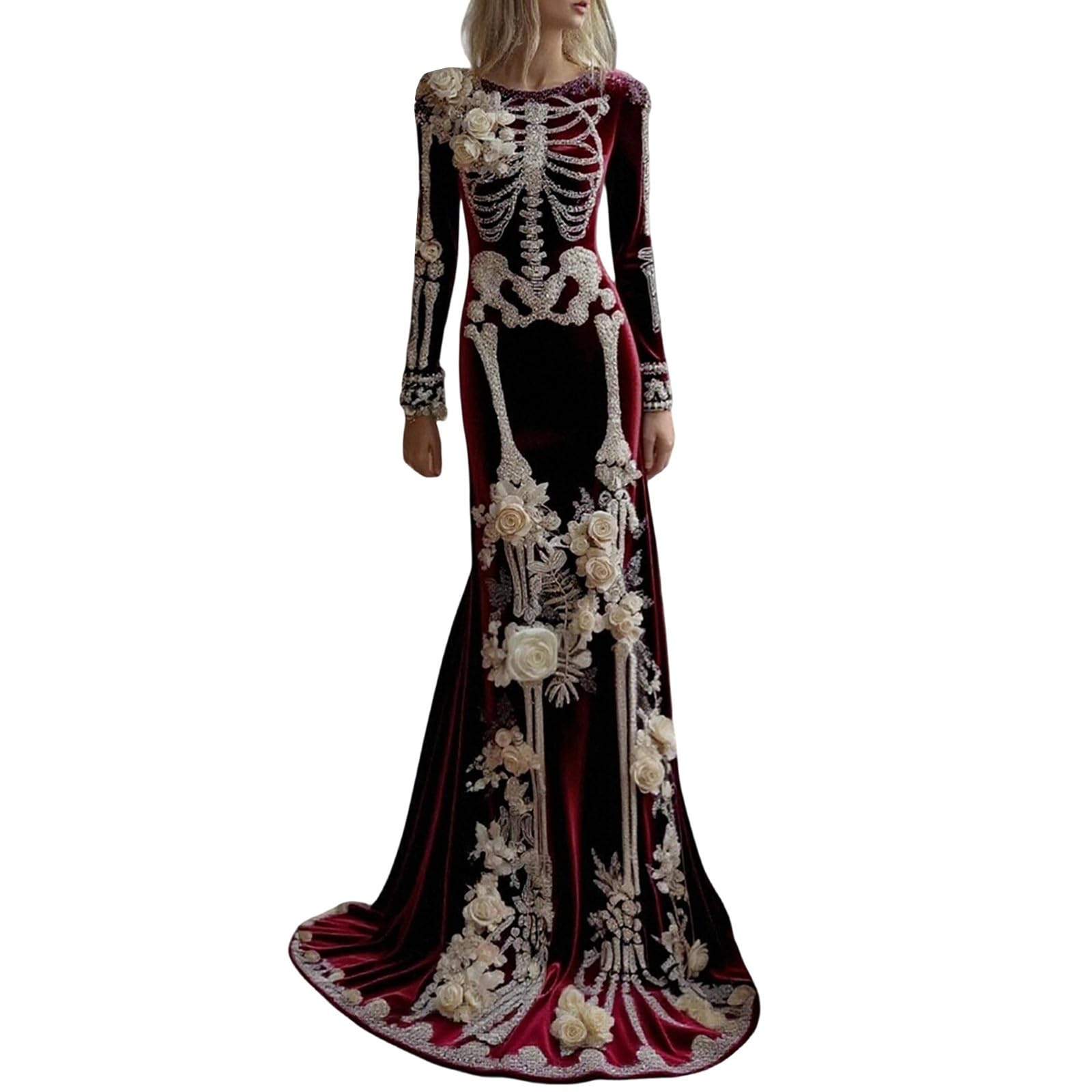 Women's Skeleton Print Mermaid Maxi Dress Long Sleeve Halloween Dresses for Women 3D Digital Print Floral Gothic Fancy Dress Costume — image 1