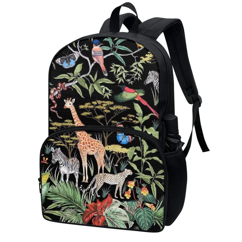 17" African Jungle Animals Backpack Teens Boys Girls Middle High Kawaii Giraffe Zebra Leopard School Bag Splashproof Lightweight Bird Monstera Leaves Bookbag2