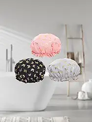 3 toucas de banho para senhoras e meninas, toucas de banho reutilizáveis à prova d'água dupla camada impermeável (forma de borboleta verde rosa preto)
