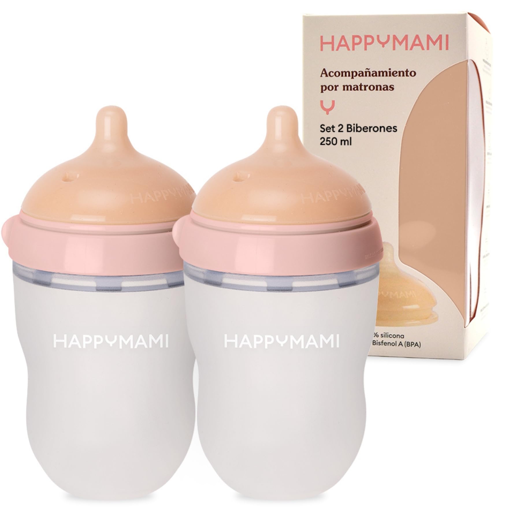 HappyMami - Set de 2 Biberons en Forme de Sein, Biberons 250 ml,Idée Cadeau Noël Bébé Tétine en Silicone de Grade alimentaire, Double Système Anti-Colique, sans BPA