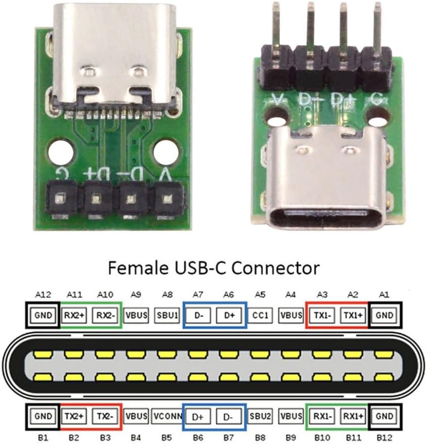 cablecc 5pcs USB2.0 Pinout DIY OEM Type C Female Socket Connector to 4Pin Pitch=2.54mm Contact Header Vertical DC 5V Power image 3