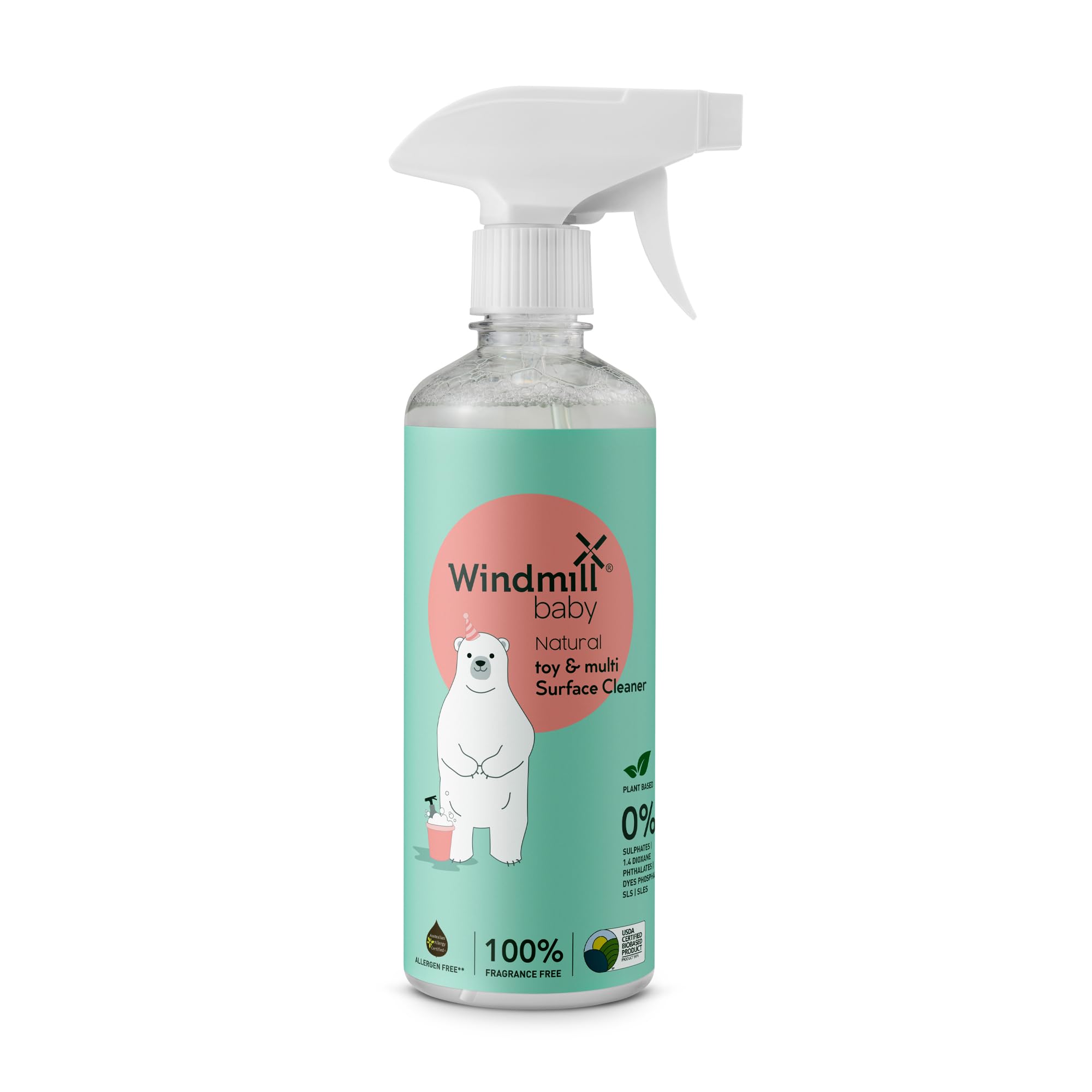 Windmill babyNatural Toy & Multi Surface Cleaner, USDA Certified, Fragrance Free, No Fumes, for toys, nursery, high chairs, mats, cribs, windows and more - 450ml