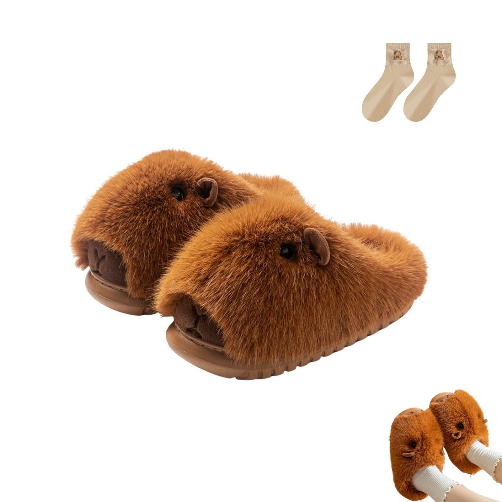 Fjzfxkzl Women's Brown Capybara Plush Slippers, Cartoon Furry Non Slip Slides For Cute Winter Warm Anti-Slip House Shoes Indoor Outdoor(,38-39)
