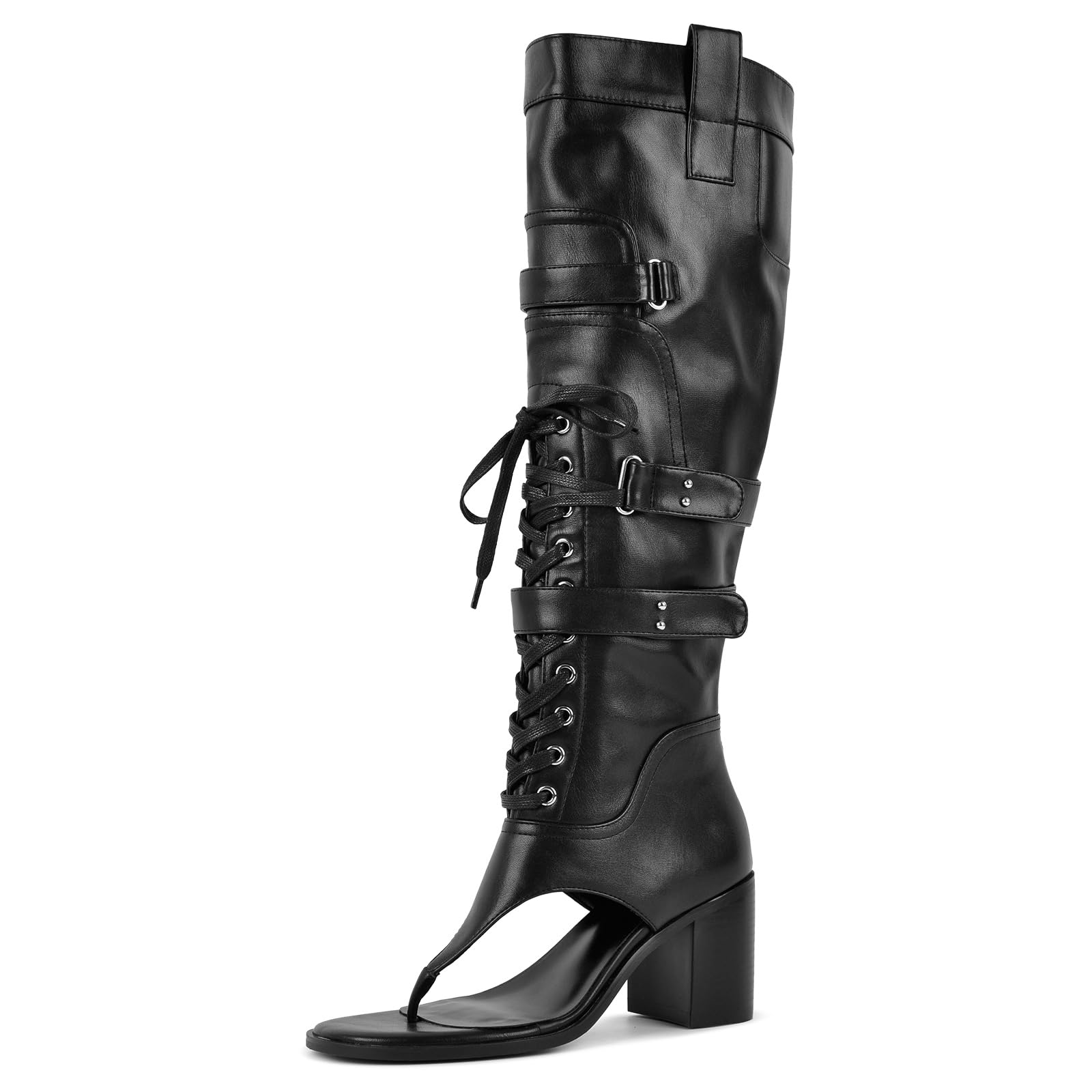 Womens Thong Open Toe Knee High Chunky Heels Boots