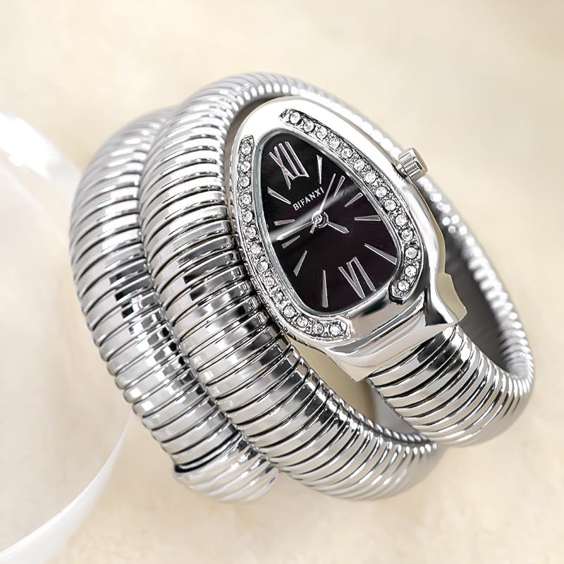 Image of Ladies Snake Bracelet Fashion Watch - Creative Quartz Design, Personality Oval Dial, 50m Waterproof