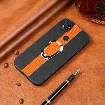 Capa para Poco C31 4G Capinha Business Deluxe Leather Phone Soft Case com suporte magnético invisível para anel de dedo Capa para telefone em couro resistente a quedas - Laranja