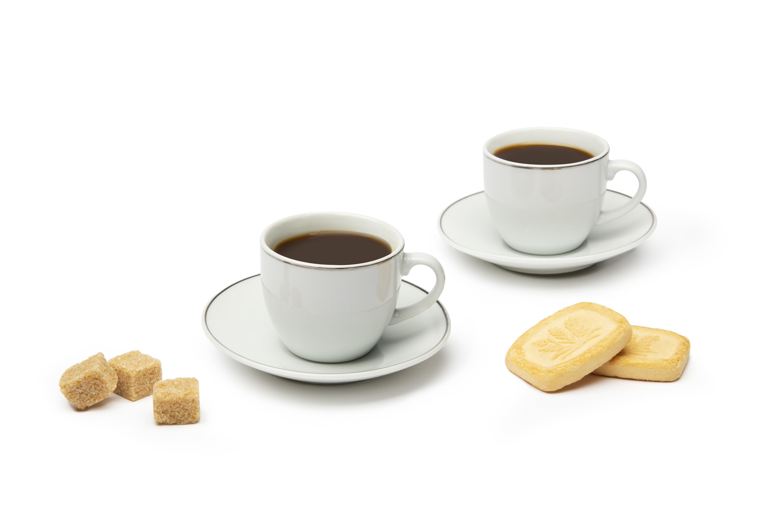 Excelsa Platinum - Juego de 6 tazas de café con platillo, porcelana blanca con borde plateado