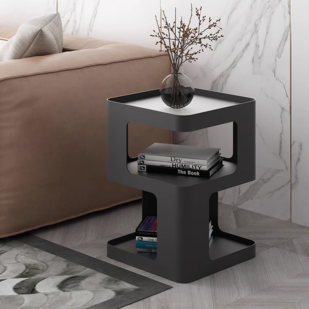 BUZUEY Side Table,Modern end Table,Black Metal nightstand,Bedside Tables,Accent Table with Storage for Living Room Bedroom Couch,no Assembly Required,Unique Furniture.