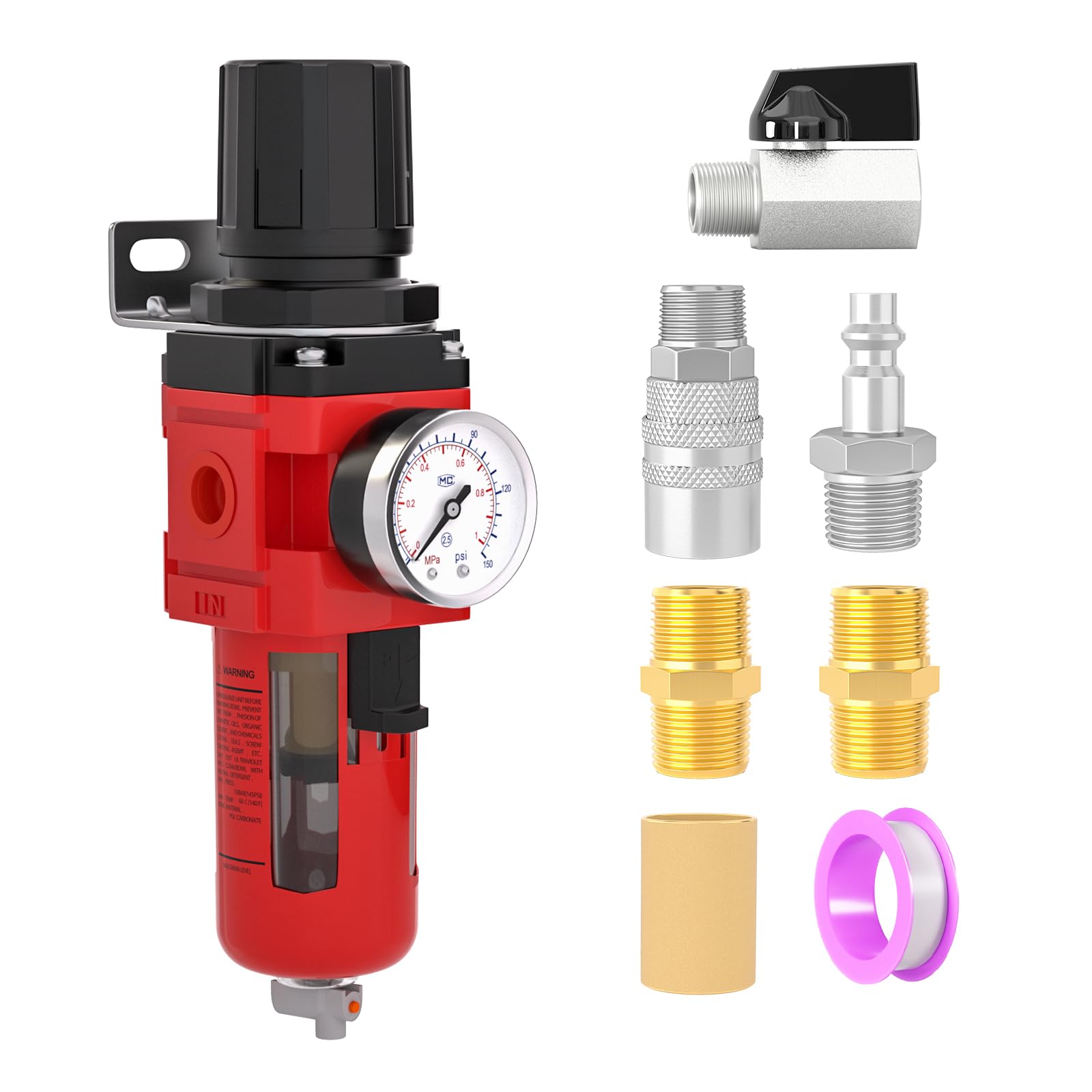 MEANLIN Filtre à humidité pour compresseur d'air, filtre de ligne d'air à drainage manuel AW3000-03, entrée NPT 3/8" avec jauge de 150 PSI et interrupteur d'arrêt de valve pour