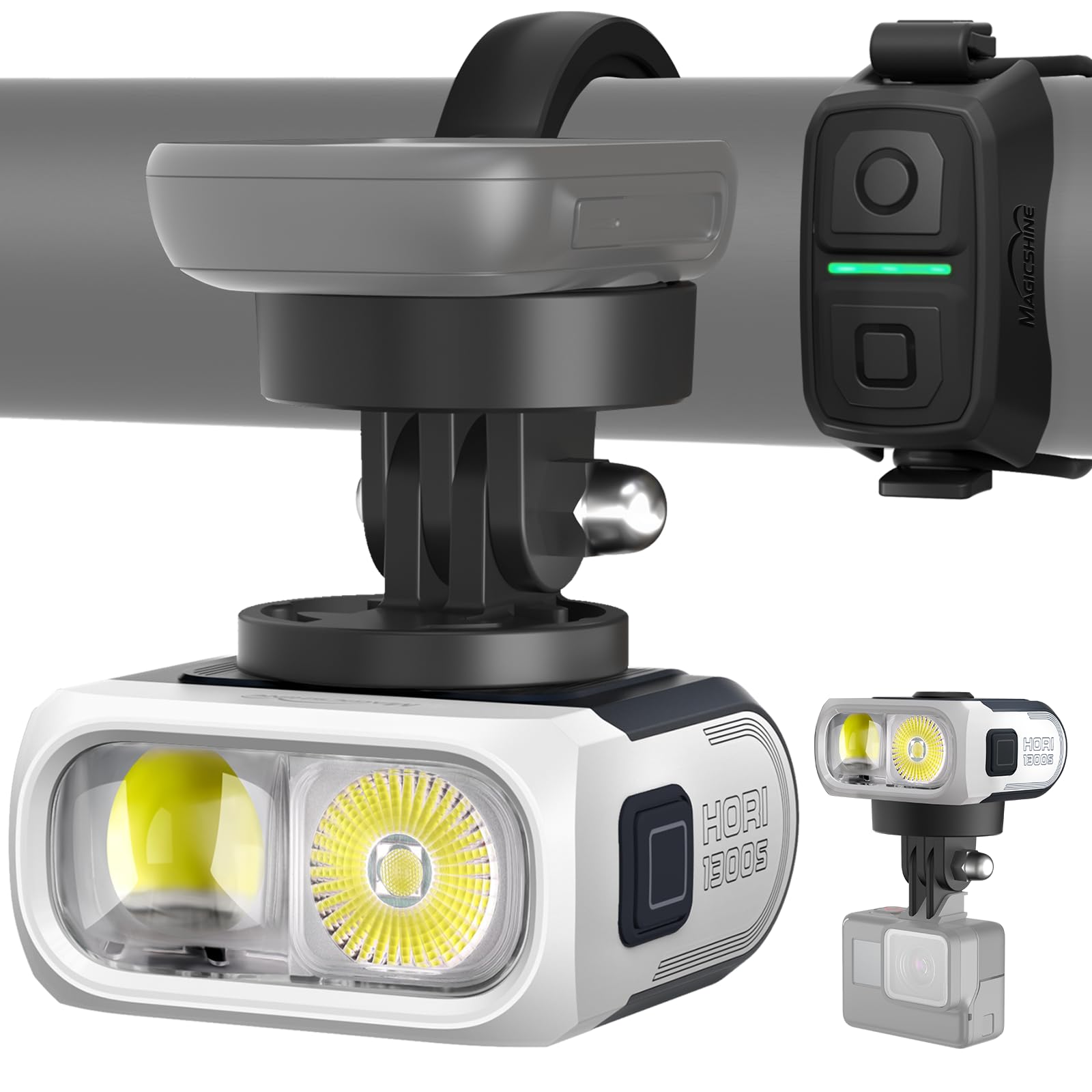 Magicshine HORI1300S Bike Headlight, Compatible with Garmin/Wahoo, 1300 Lumens High & Low Beam Front Light, USB-C Rechargeable, IPX6 Waterproof for Night Riding and Urban Cycling