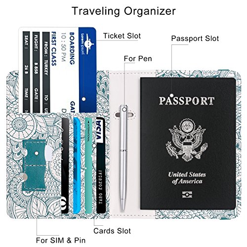 Image of WALNEW Passport Holder for Travel, RFID Passport Cover Wallet for Women Men, PU Leather Passport Book Card Holder Case with Pen (Elastic Band Closure, D-Green Petals)