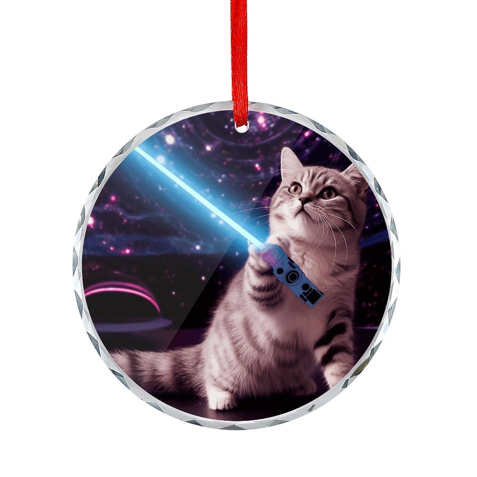 Btcowzrv Style Space Cat With Blue Laser Round Ornament Hanging Pendant Decor