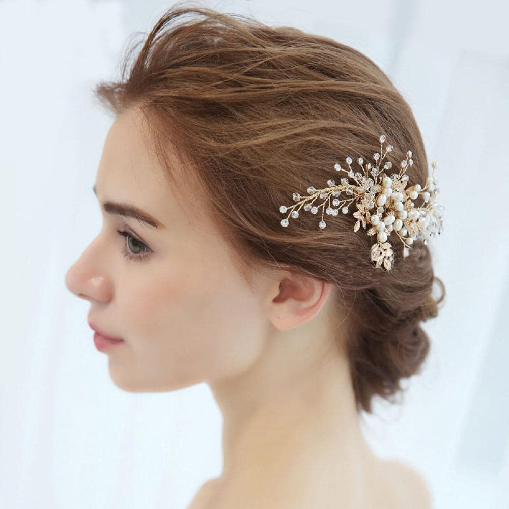 Haarkamm, Haarspangen, Brautperlen-Haarkamm (Gold), Vintage-Blumen und Blätter, Haarschmuck, künstlicher Abschlussball, Strand, Haarschmuck, Kopfbedeckung für Frauen und Mädchen