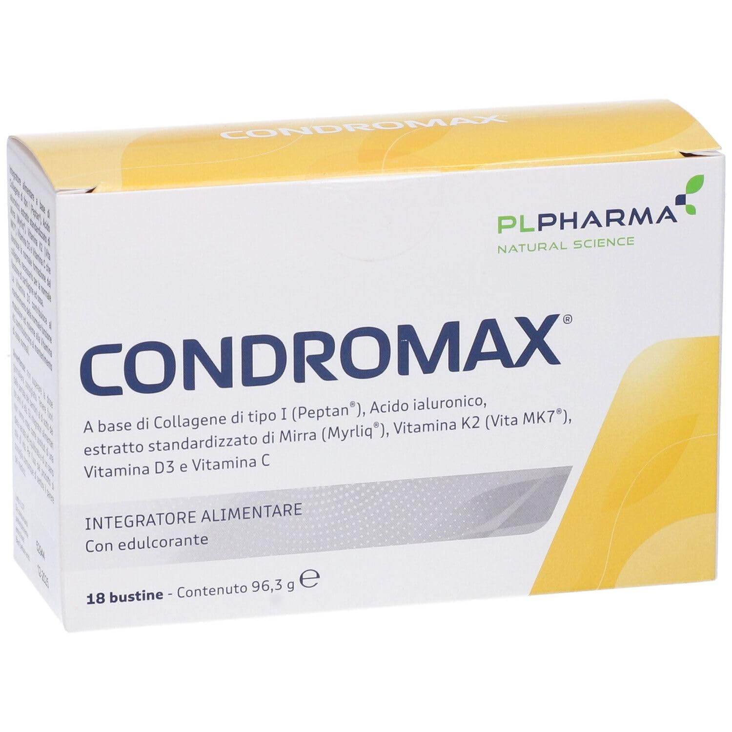CONDROMAX 18 bustine - Integratore alimentare a base di collagene di tipo I (Peptan), acido ialuronico, estratto standardizzato di mirra (Myrliq), vitamina K2