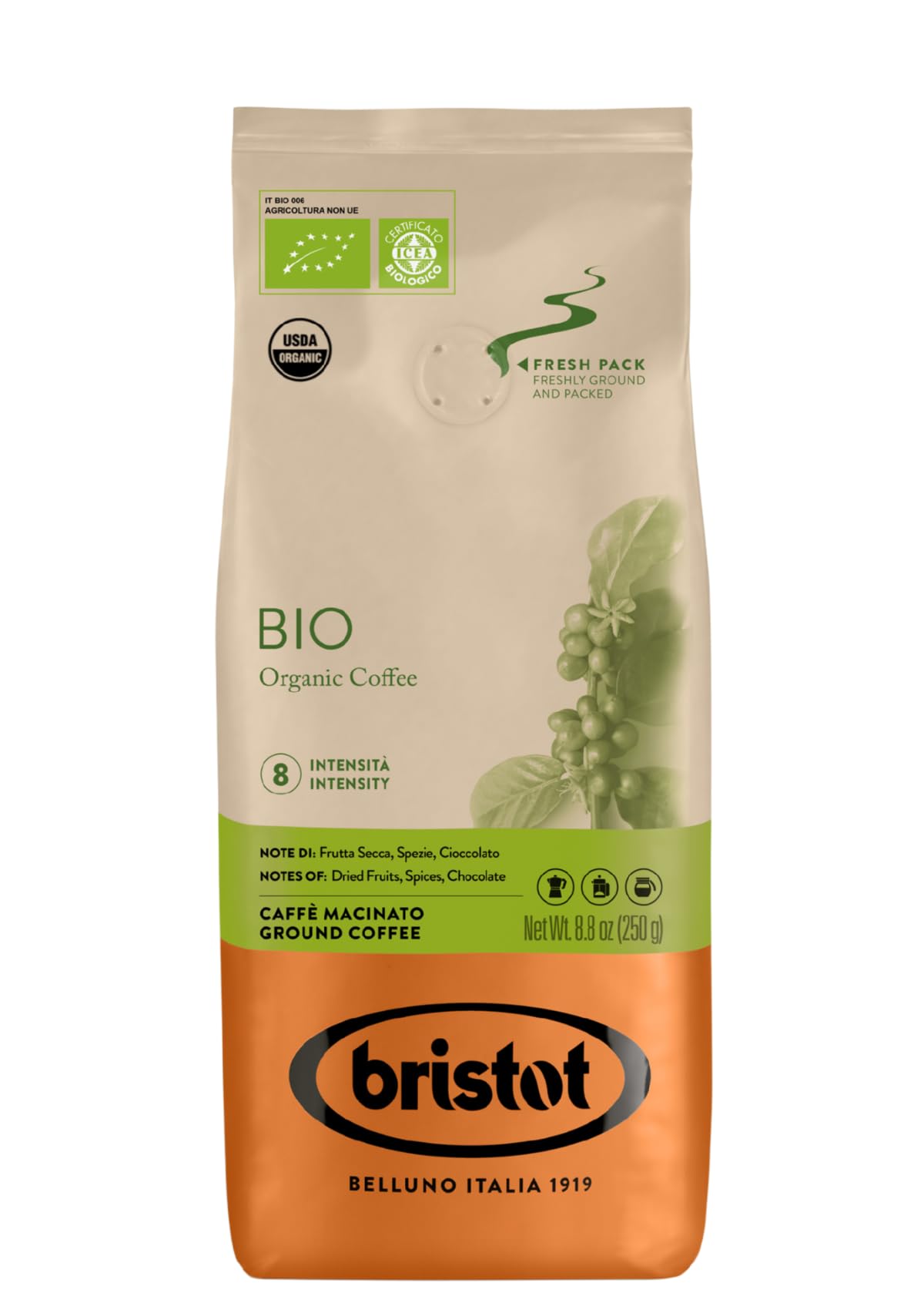 Bristot Organic Ground Espresso – Medium Roast Italian Coffee – For Moka, French Press & Pour Over – 8.8 oz (250g) – USDA Certified