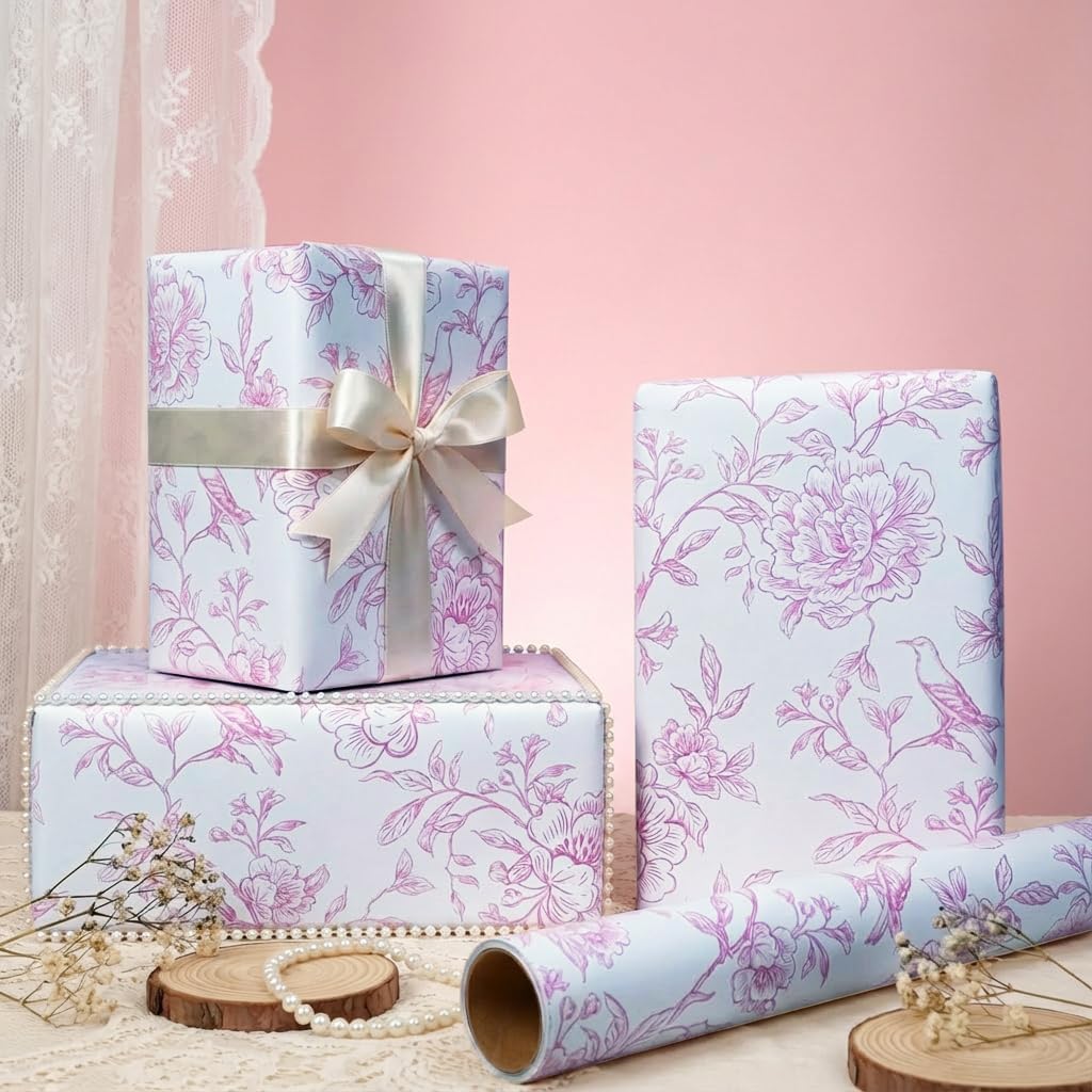 VCOOHM Pink Floral Wrapping Paper Roll - 17 Inches x 9.8 Feet - Vintage Pink Wrapping Paper for Birthday, Wedding, Bridal Shower, Chrismtas and Mother's Day Gifts - Image 5