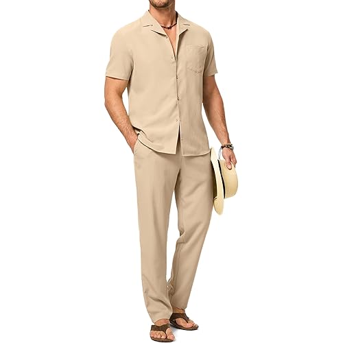 JMIERR Men Texture 2 Piece Outfit Short Sleeve Lightweight Beach Button Down Shirt Casual Pant Sets with Pocket