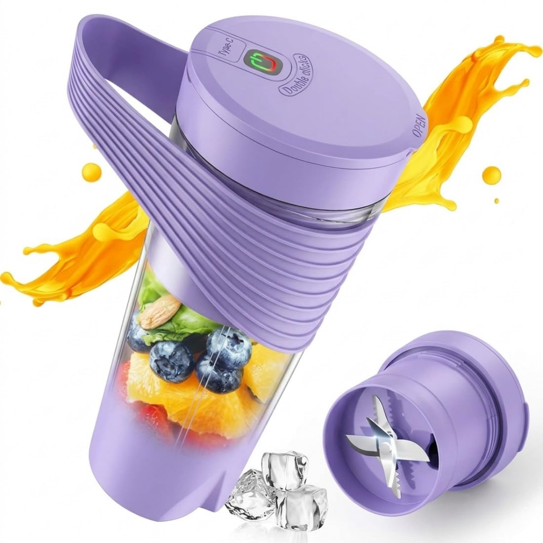 HD-07 Mélangeur portable 600 ml Taille personnelle 150 W Smoothie Maker sans fil Double batterie 2000 mAh Rechargeable par USB Mini shaker mélangeur pour voyage, sport, bureau, violet-HD-07