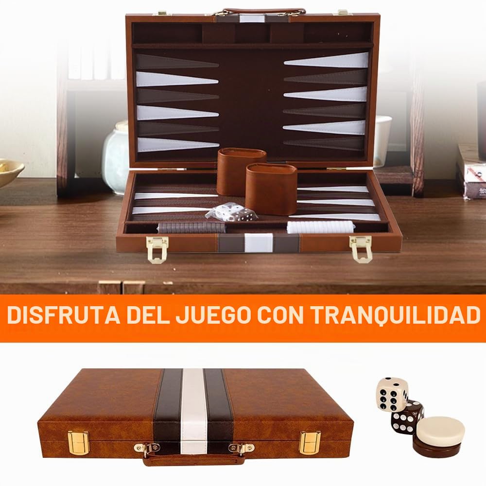 Juego de backgammon, maletín de backgammon, juegos de mesa clásicos para 2 jugadores, juego de estrategia de viaje portátil con funda de piel sintética de alta calidad, piezas de ajedrez y